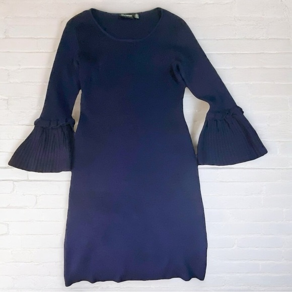 Navy Blend Classic Nina Leonard Sweater Dress with Flare Sleeves NWOT - Picture 3 of 7